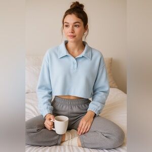 AERIE Fleece of Kind Light Blue Collared Sweatshirt